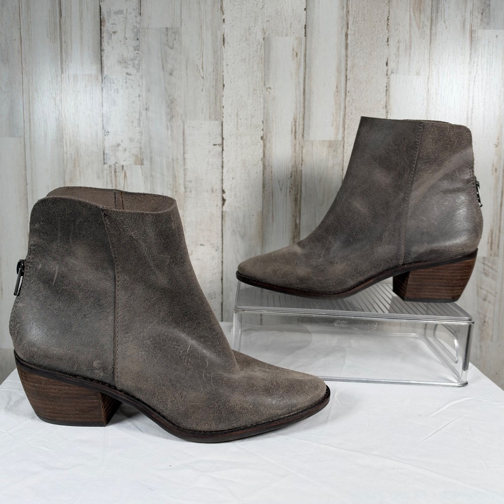 Lucky Brand Kaiya Booties Womens 10 Grey Leather Ankle Boots Back Zip Block Heel